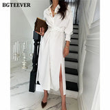 Summer Turn-down Collar Women Midi Dress Full Sleeve Single-breasted Female Shirt Dress Ladies Side Split Solid