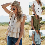 Women's 2022 Summer New Solid Color Casual Single Breasted Shirts Women's V-Neck Women's