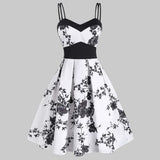 Spaghetti Strap Women Party Dress Formal Gowns Black Retro Floral Patchwork White Jurken Swing Pin Up Pleated Midi