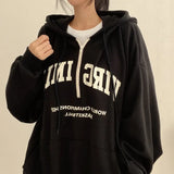 Vintage Letter Print Pullover Zipper Hoodie-Outfit