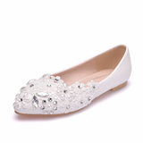 Flat-Bottomed Tip Diamond Lace Wedding Shoes Bridal Shoes Dancing Bridesmaid Shoes Comfortable Flat Heel Single
