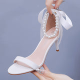 Cm White Beads With Sandals Fine Heel Fish Mouth Open Toe High-Heeled Sandals Women Shallow Word With Female