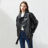 PU Faux Leather Jacket Women Loose Sashes Casual Biker Jackets Outwear Female Tops BF Style Black Leather Jacket