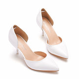 Cm White Fine-Heeled Pointed Sandals Hollow Two-Siped Sandals Large-Size Pointed Wedding Shoes Women's Banquet