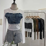 Vintage Babes Cowboy Spliced Tiring Strapped With Long Sleeves Short Mesh T-Shirt