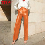 Casual Blue Pu Leather Women's Pants 2022 Autumn Elegant High Waisted Pockets Trousers Fashion Streetwear Straight