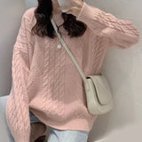 Zingj Thick Twist Pure Color Loose Sweater Female Autumn Dong New Round Collar Lazy Wind Sweater Jacket-Outfit