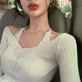 Fashion Women Cropped Sweater Korean V Neck Y2K Tops Halter Off Shoulder Knit Sweaters Long Sleeve Fake Two Piece