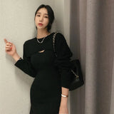 Autumn Ladies Maxi Slit Dress Elegant Women 2 Piece Set Dress Long Sleeve Solid Color Bodycon