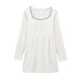 2025 New Women's French Retro Square Collar, Long Sleeve, Slim Nail Bead And Inset Velvet