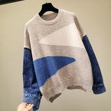 o neck hedging denim stitching contrast sweater women autumn winter all-match long-sleeved sweater loose lazy wind