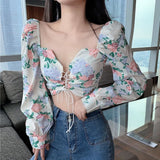 Fashion Women Floral Print Drawstring Blouses Shirt Women Short Sleeve French Vintage Bandage Lace Tops Female