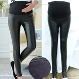 PU Leather Pregnant Women's Leggings Autumn Winter Warm Pants For Femme Enceint Plus Thin Velvet Adjustable High