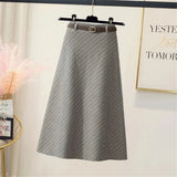 Stripe Autumn Winter High Waist Woolen Skirt With Belt Women High Waist Lady Fashion Casual Streetwear A-Line Midi