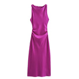 2025 New Fashion Round Collar Sleeveless Black Silk Satin Texture Dress Women