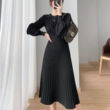 New Autumn Winter Women Lantern Sleeve Sweater Dress Ladies Casual A-Line Midi Knitted Dresses