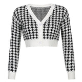 Women Houndstooth Print Vintage Cardigan V Neck Elegant Chic Autumn Fashion Jumper Ladies Streetwear Crop