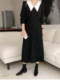 Pleated Women Spring A-Line Long Sleeve Midi Office Patchwork Dress Autumn Korea