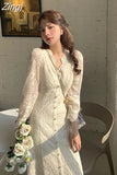 Lace Long Sleeve Midi Dress Winter White Women V-neck Korean Dress Spring One-piece Evening Lady Party Fairy Dress