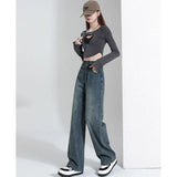 Zingj Wide-Leg Jeans Female Fall Fall 2024 New High Waist Small Show Thin Straight Loose Pants-Outfit