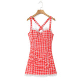 Red Plaid Plaid Dot Ruched Mini Dress- Outfit