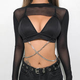 Sexy Long Sleeve See Through Mesh Fishnet Crop Top Tee Shirt Sheer Black Short