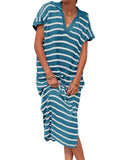 Zingj Summer Dress Women's V-Neck Stripe Low Slit Lapel Long Sweater Even-Outfit
