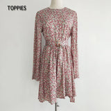 2021 Mini Dress Print O Neck Long Sleeve Belt Sweet Crushed Floral Dress Casual Women Colorful Holiday