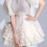 New Summer High Quality Beading Chiffon Women Dress Runway Designer Lantern Sleeve Slim Ruffles Ball Gown Party