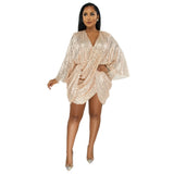T-sleeve Dress Sexy Sequin Elegant Party Evening V-neck Long Sleeve Loose Mini Vestidos Autumn Female Crystal