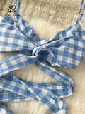 Chic Vacation Plaid Two Pieces Suits Bandage Strap Sexy Tops+Elastic Waist Pocket Skirt Fashion Trendy Street