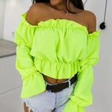 Color Off Shoulder Crop Tops women Summer dot print lantern sleeve shirts Lady Sexy Slash neck beach