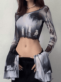 Cropped Flare Cuffs Mesh Blouse- Outfit