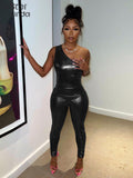 Summer Shiny Sliky 2Piece Set Women Sleeveless Off Shoulder Skinny Bodysuit Top+High Waist Trousers Matching