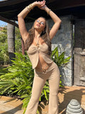 Y2K Vintage Slit Hem Halter Tops and Cut Out Low Waist Long Pants Suits 90s Sexy Solid Bandage 2 Piece Co-ord Sets