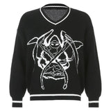 Preppy Style Oversized Knitted Sweater Women Casual V Neck Autumn Jumper Ladies Print Fashion Pullover Knitwear