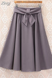 Women Preppy Style Summer Skirt Casual A-line Solid With Belt Mid-length Fashion Elegant Chic Girls Midi Skirts