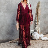 2022 Summer Vintage Women Sexy Maxi Dress Long Sleeve Embroidery See Through White Lace Long Beach