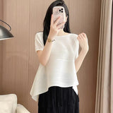 Folding Top Short Top Design Women's Niche Summer Asymmetrical Loose Large-Size Round Collar T Shirt Short