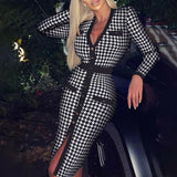 Single Breasted Vintage Dress Spring Autumn Elegant Houndstooth Bodycon Party Dress Fashion Long Sleeve Women Sexy