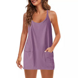 Summer Solid Sleeveless Dress Fine Shoulder Strap Vest Skirt Sports Skirt