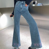Butterfly Embroidery Flare Denim Pants Women High Waist Vintage Jeans Korean Fashion Clothes Female Bell Bottom