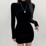 dresses Pure Color Velvet High Neck Bodycon Slim Bottoming Shirt Fall Fashion Elegant Casual Drawstring Female Mini