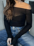 Mesh Long Sleeve Off Shoulder Top- Outfit