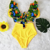 Ruffled Hem Bikini Set Women Flora V-Neck High-Waisted Two Piece Swimsuit 2023 Girl Beach Bathing Suit Swimwear