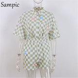 Casual Women Lounge Wear Summer Plaid Tracksuit Shorts Set Short Sleeve Shirt Tops And Mini Shorts Suit Two Piece