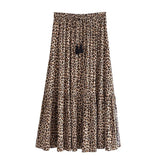 Queens Vintage Women Leopard Print Elastic Waist Beach Bohemian Skirt Ladies Rayon Cotton Maxi A-Line Pleated Boho