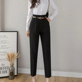 2021 Black Suit Pants Women High Waist Pants Sashes Pockets Office Lady Casual Zipper Straight Ankle-length