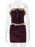 Purple Velvet Corset Crop Top And Mini Skirt Set- Outfit