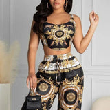 Summer Women Black Clubwear Two Piece Suit Sets Sleeveless Scarf Print Crop Top &amp; High Waist Casual Long Pants